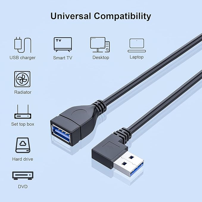 SuperSpeed USB 3.0 Male to Female Extension Data Cable Left Angle 2PCS (20CM,8IN)(Notice:pls Check The Left Angle in Picture)