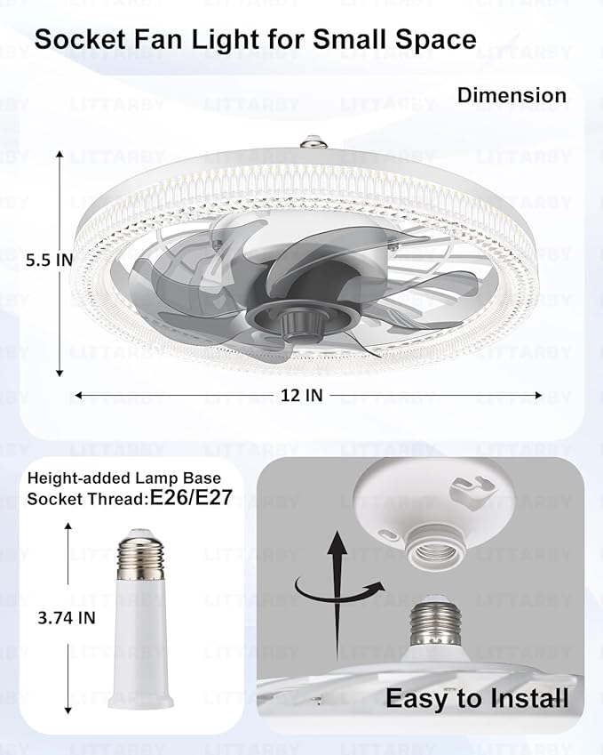 Ceiling Fans with Lights, Socket Fan Light with Remote Control, Dimmable Brightness 3000K-6500K Memory, Socket Modern Flush Mount Low Profile Ceiling Fan for Bedroom, Small Living Room, Kitchen White