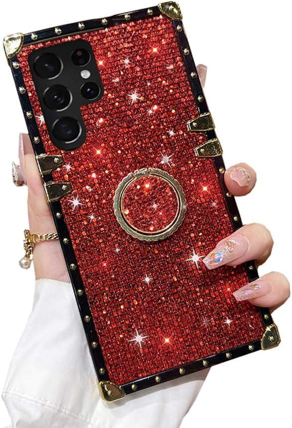Samsung Galaxy A13 5G Bling Case, Red Luxury Glitter Sparkle Soft Trunk Cover with Finger Ring Grip Kickstand