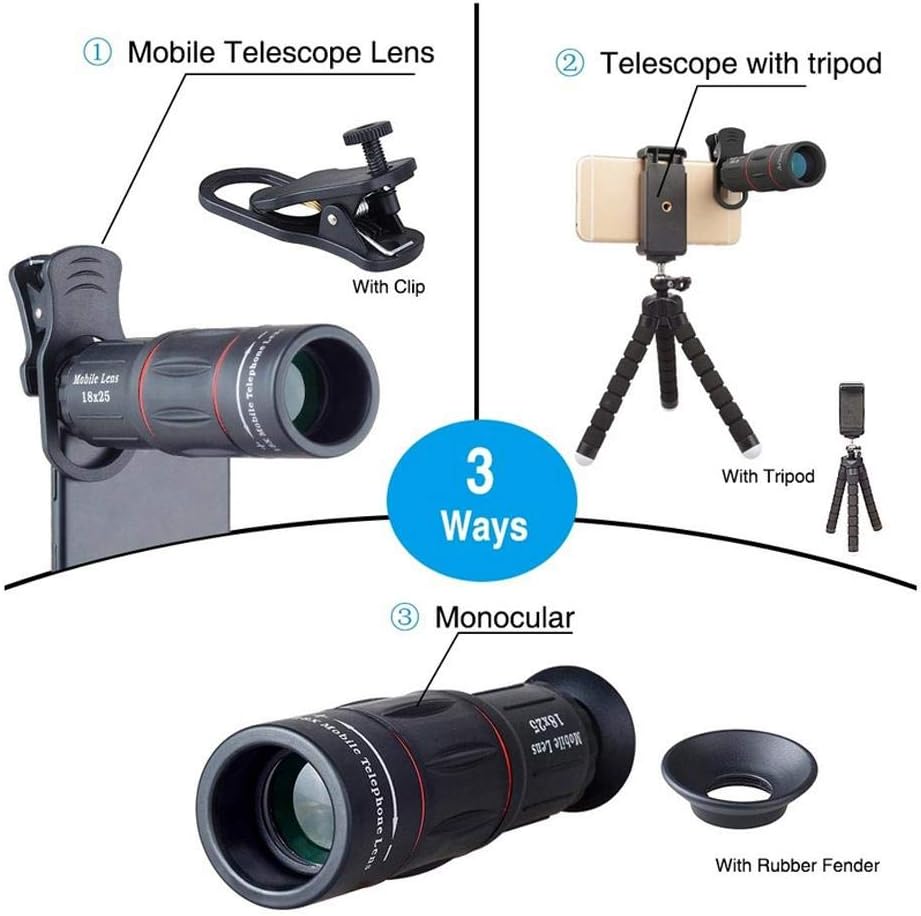 Phone Camera Lens Kit - 4 in 1 Cell Phone Camera Lenses Kit - 18X Telescopic Lens, 198° Fisheye Lens, 0.36 Super Wide