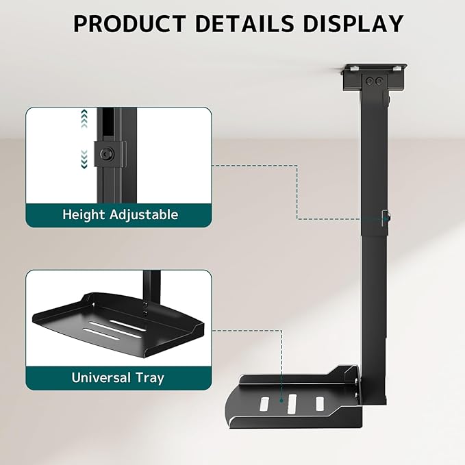 Projector Ceiling Mount with Tray, Adjustable Height Universal Bracket with Concealed Cable Management, No Hole Installation, Holds up to 22 lbs – Ideal for Home Theater & Office (Black)