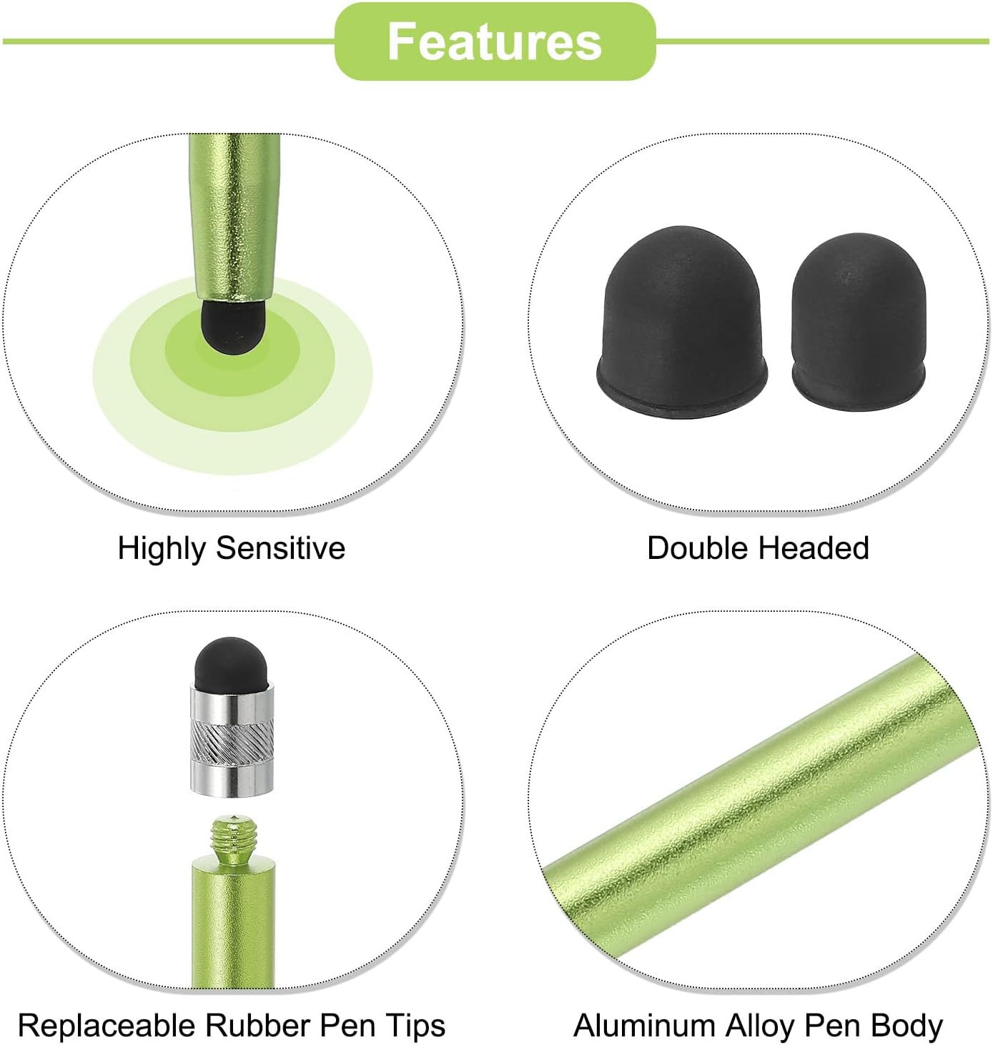 MECCANIXITY 3pcs Stylus Pens for Touch Screens, Dual Rubber Tips Capacitive Stylus Universal Tablet Pen (Green)