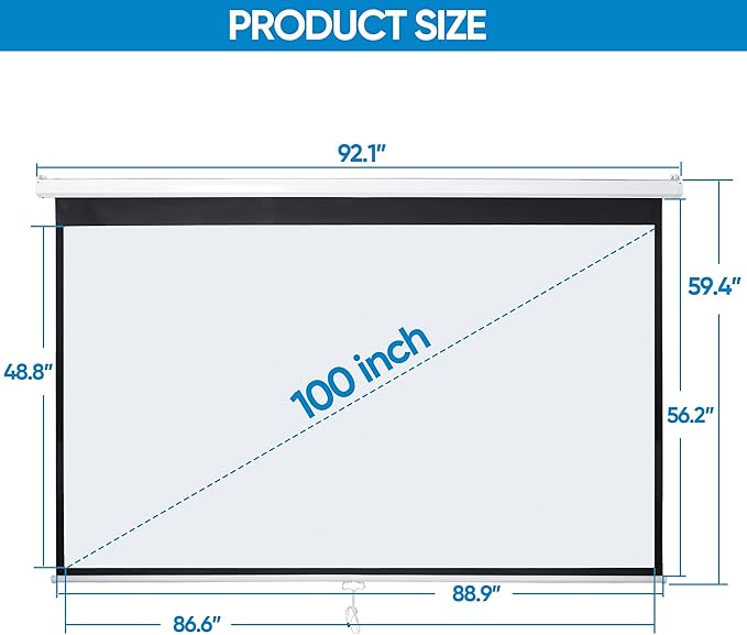 Smartxchoices 100" 16:9 HD Manual Projector Screen with Auto Lock Anti-Crease Home Theater Office Wall Mounted Ceiling Pull Down Projection 1.1 Gain Matte White, View Size: 87 x 49 inches