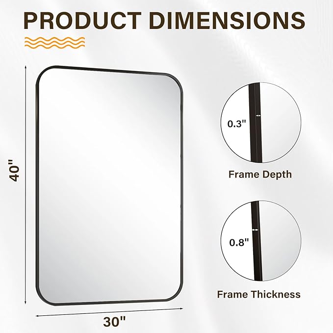 HARRITPURE Rectangular Bathroom Mirror 40''x30'' Black Bathroom Wall Mirror Aluminum Frame Wall-Mounted Mirrors for Entryway Bedroom Living Room