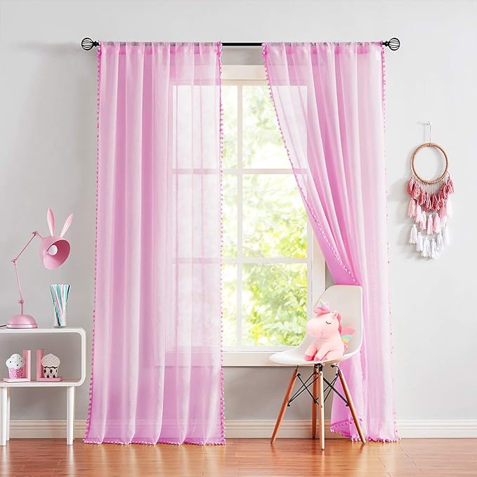 Treatmentex Pink Sheer Curtains for Girls-Room 108inch Long Window Drapes with Cute Pom Pom Design for Salson Party Ceremony Birthday Décor 52" w X 2 Pack