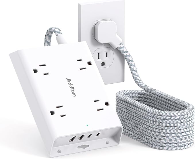 Surge Protector Power Strip 15 ft, Addtam Flat Plug Extension Cord with 4 USB Wall Charger(2 USB C Port), 4 Widely Outlets Desk Charging Station, Home Office and College Dorm Room Essentials