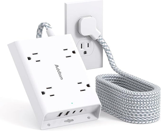 Surge Protector Power Strip 15 ft, Addtam Flat Plug Extension Cord with 4 USB Wall Charger(2 USB C Port), 4 Widely Outlets Desk Charging Station, Home Office and College Dorm Room Essentials