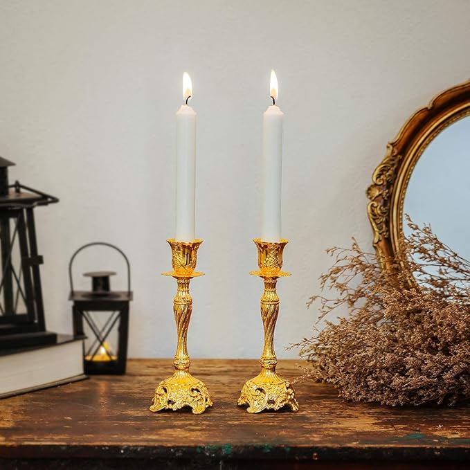Sziqiqi Gold Candlestick Holders Set of 2 Taper Candle Holders Deluxe Ornate Candle Holders for Shabbat Taper Candles, Candle Centerpiece, Wedding Candles, Christmas Candle 7.4inch