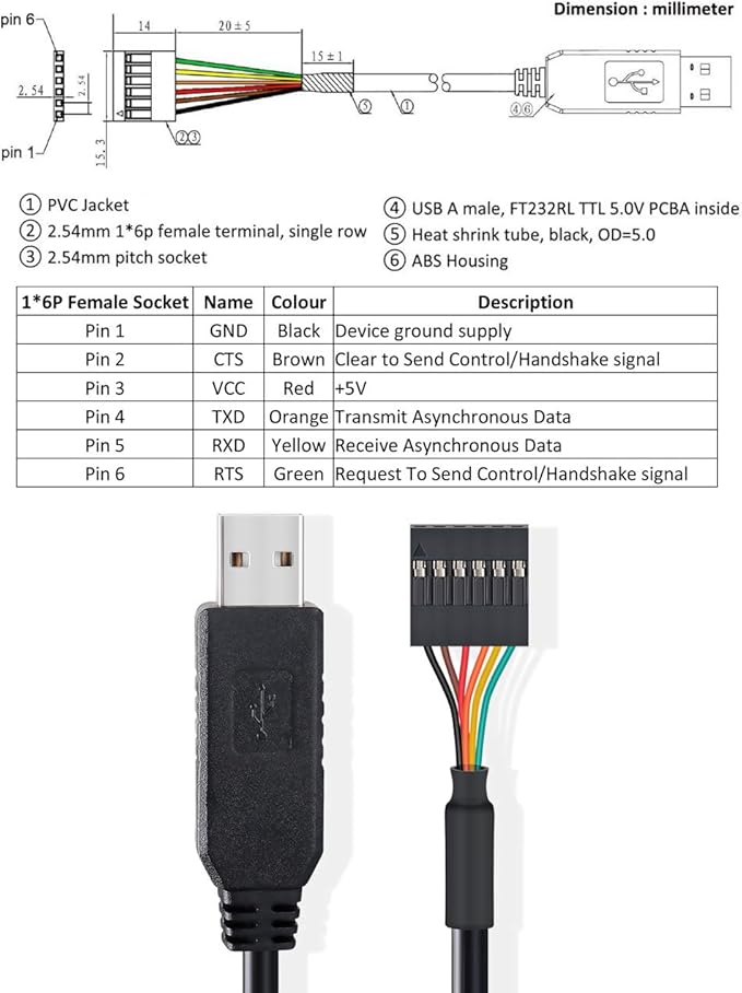 DTECH USB to TTL Serial 5V Adapter Cable with FTDI FT232RL Chip 6 Pin 0.1 inch Pitch Female Socket Header UART IC Windows 11 10 8 7 Linux MAC OS (6ft, Black)