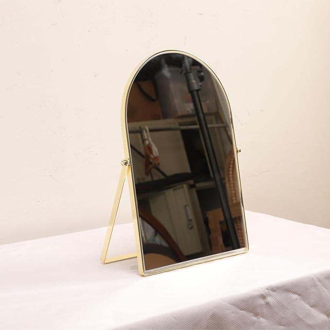 Golden Metal Mirror Vanity Table Desk Arch Makeup Bathroom Mirror Rotation Framed Standing Mirrors 90°Adjustable Room Decor for Living Room,Bedroom,Tabletop