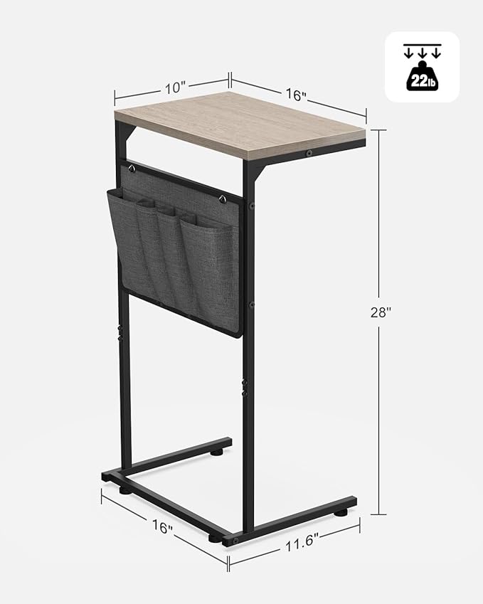 Vantic C Shaped End Table, Small Side Table for Couch and Recliner, Slide Under Sofa Tray Desk with Storage Bag for Living Room and Bedroom, Greige
