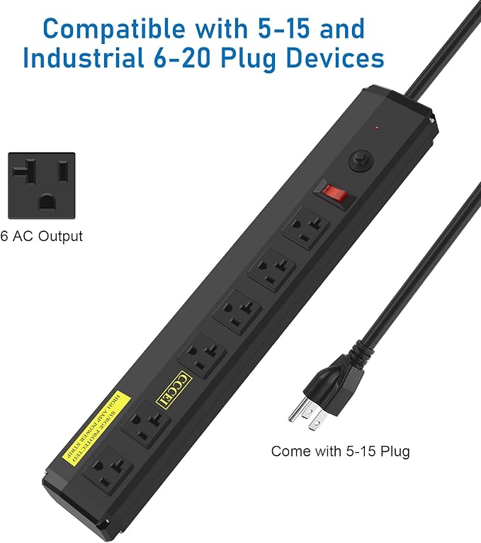 CCCEI Heavy Duty Power Strip Surge Protector 20 Amp, High Amp Industrial Shop Garage Metal Multiple Outlets, 10 FT 12 Gauge 5-15P Extension Cord 6 Outlet 6-20R T-Slot 20a for Appliance. Black.