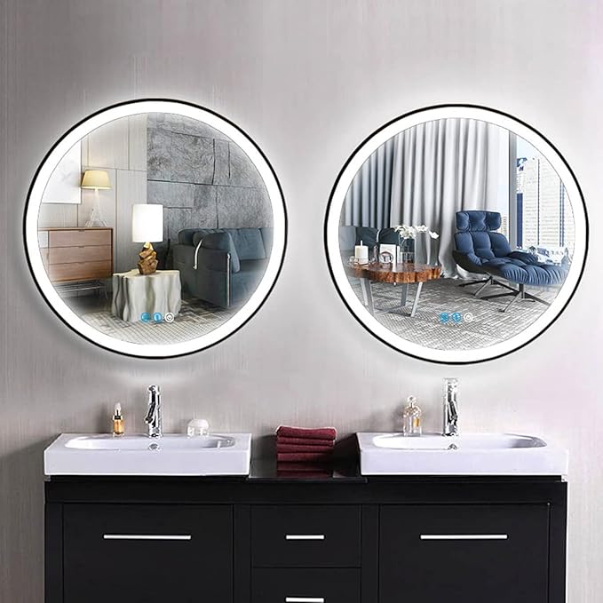 Black Frame Round LED Bathroom Mirror with Lights for Bathroom Wall Black Lighted Vanity Mirrors 24 Inch 3 Color Dimmable Circle Smart Bathroom LED Wall Mirrors Anti Fog Makeup LED Mirrors