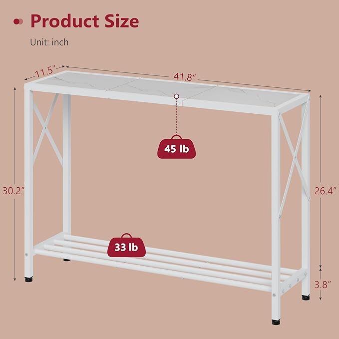 Tajsoon Console Table 41.8”, 2-Tier Entryway Table Narrow Sofa Table with Shelves, Entrance Table with Stable X-Frame, for Entryway, Hallway, Living Room, Foyer, Corridor, Office, White