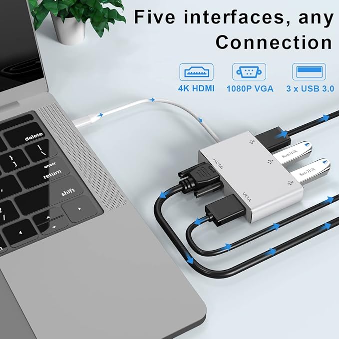 USB C to HDMI VGA Adapter, Weton 5 in 1 USB 3.1 Type C Hub to HDMI 4K,1080P VGA,3xUSB 3.0 Multiport Video Adapter Converter Compatible with MacBook/Chromebook Pixel/Dell XPS/Samsung