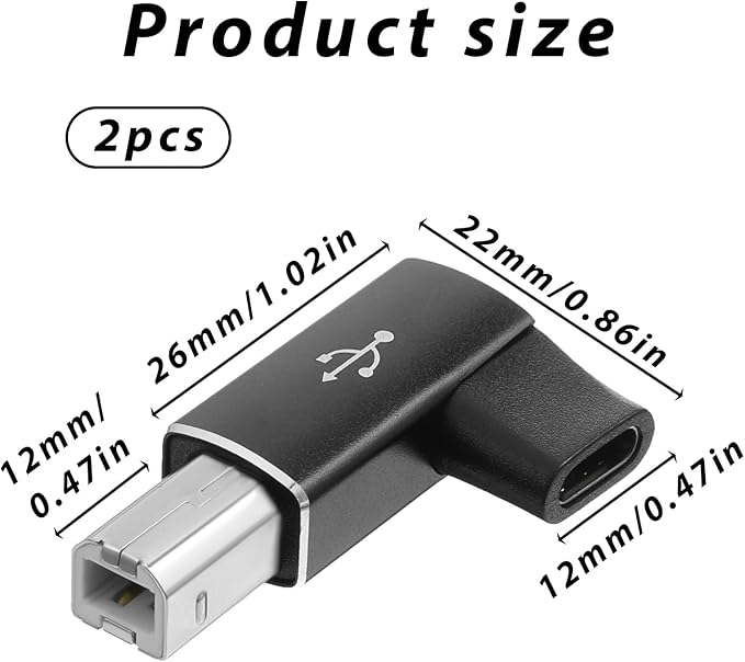 3PCS USB B to USB C Printer Adapter 90 Degree Right Angle Type-C Female to Midi Converter Type-C to USB-B Convert Connector Compatible with Printer, Electric Piano, Laptops