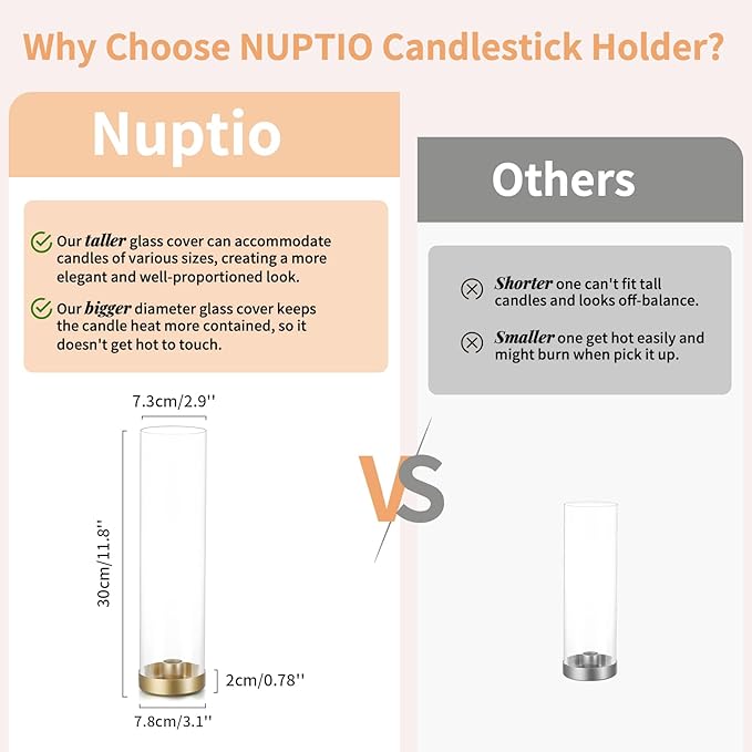 NUPTIO Hurricane Glass Candlestick Holders: 10 Set Bulk Gold Taper Candle Holder Metal Candle Stick Stand with 11.81 inch Tall Windproof Clear Seelves for Outdoor & Indoor Wedding Party Holiday Decor