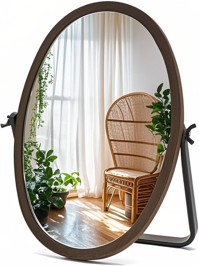 Vanity Table Makeup Mirror-Desk Small Standing Vintage Mirrors 360° Adjustable Rotation, Bronze Wood Framed for Dressing Table,Bedroom, Bathroom,Tabletop,Antique,Desktop 11.8'' x 7.8''