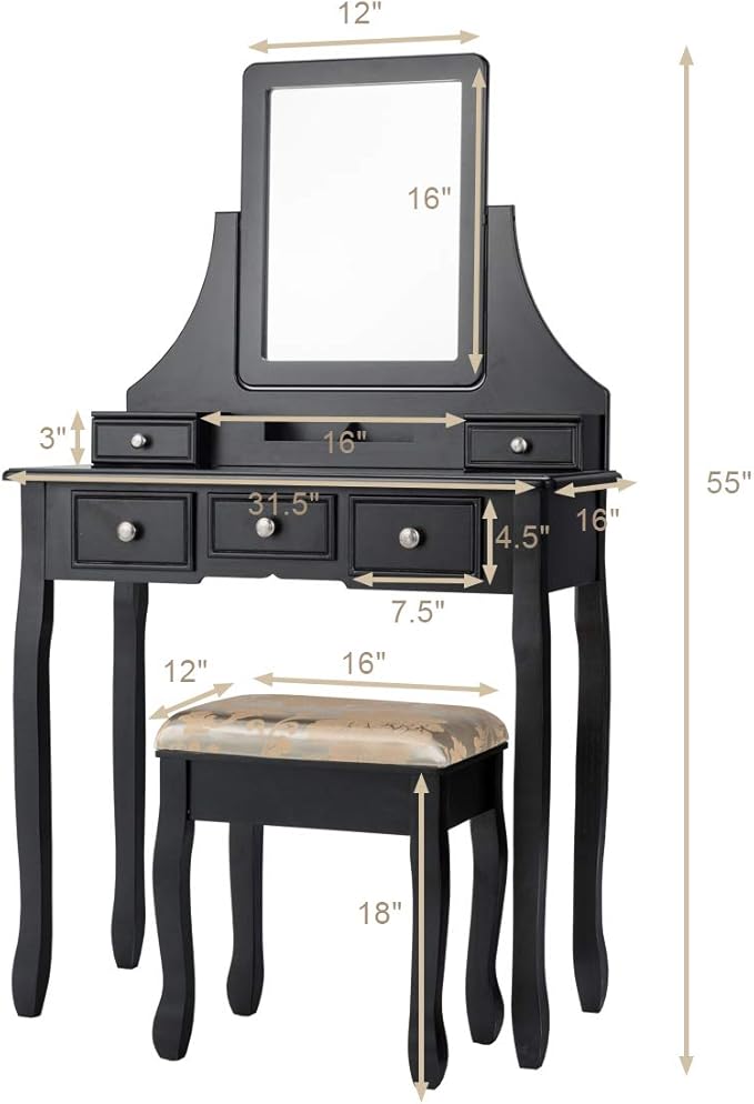 CHARMAID Makeup Vanity Set with Mirror and Cushioned Stool, Dressing Table with 5 Drawers and Removable Storage Organizers, Bedroom Makeup Table with Stool for Women Girls (Black)