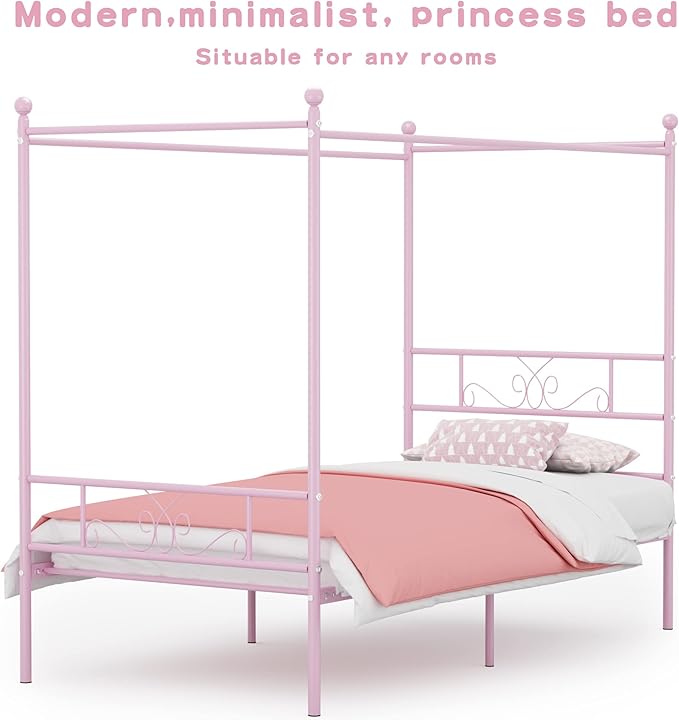 Weehom Twin Canopy Bed Frame with Headboard and Footboard, 4 Posters Metal Bed Frame, No Box Spring Needed, Mattress Foundation Platform Bed for Kids and Adults, Pink