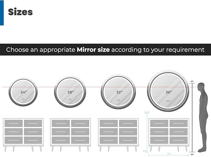 Round LED Bathroom Mirror with Lights, Front Lit Makeup Mirror, Anti-Fog, 3 Colors and Dimmable Light, 36 Inchs Black