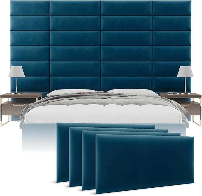 Vänt Upholstered Wall Panels - King/Cal King Size Wall Mounted Velvet Headboards - Velvet Peacock Blue - Twin/King - Set of 4 Panels (Each Individual Panel 39"x11.5")