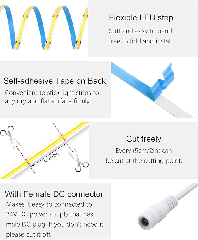 ALITOVE 32.8ft COB Led Strip Light White 6500K Super Bright 24V LED Strip Lights with Remote Dimmable 3200LEDs CRI90+ Uniform Glow LED Tape Light for Mirror Under Cabinet Living Room Study Wardrobe