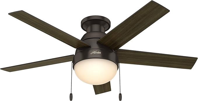 Hunter 59268 Anslee Indoor Low Profile Ceiling Fan with LED Light and Pull Chain Control, 46", Brown