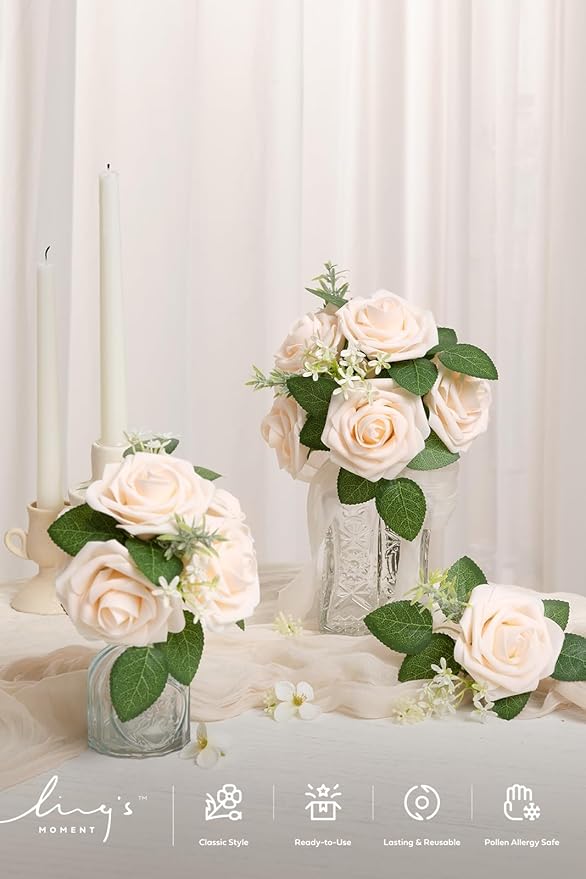 Ling's moment Artificial Flowers 25Pcs Cream Roses Decor w/Stems,3" Real Touch DIY Foam Floral for Wedding Bouquet/Centerpieces, Outdoors Party Backdrop, Room/Table, and Garden/Pot Decorations