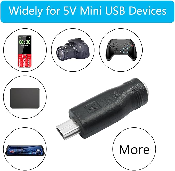 DC 5.5mm x 2.1mm to Mini USB Adapter, 5V DC 5521 Female to Mini USB Male Plug Convert Connector Power (4Pcs)