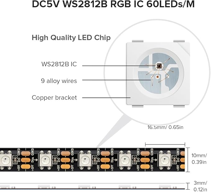 SEZO WS2812B ECO LED Strip Light 16.4FT/5M 60Pixels/m 300Pixels Individually Addressable Programmable 5050SMD Digital RGB Alloy Wires Flexible Dream Color IP65 Waterproof PCB Black DC5V