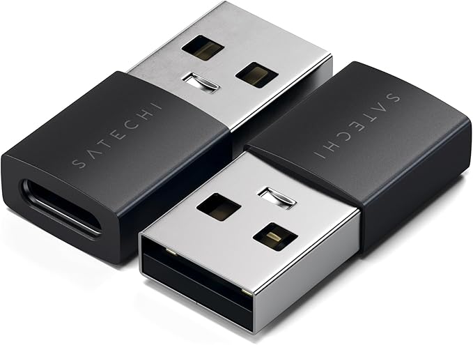 Satechi USB-A to USB-C Adapter (2-Pack), High-Speed Data Transfer & Power Delivery Charging, Designed for CarPlay, Travel & Modern Devices, Space Black