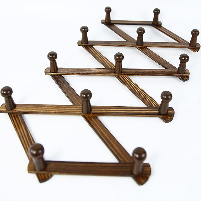 AMAPON Accordion Style Expandable Wall Wooden Coat Rack 13 Hooks (Pegs) Hang Hats Jackets Coffee Mug Purses Necklaces Towels Cap Leash Scarves Data Line Kitchenware (Walnut Color)