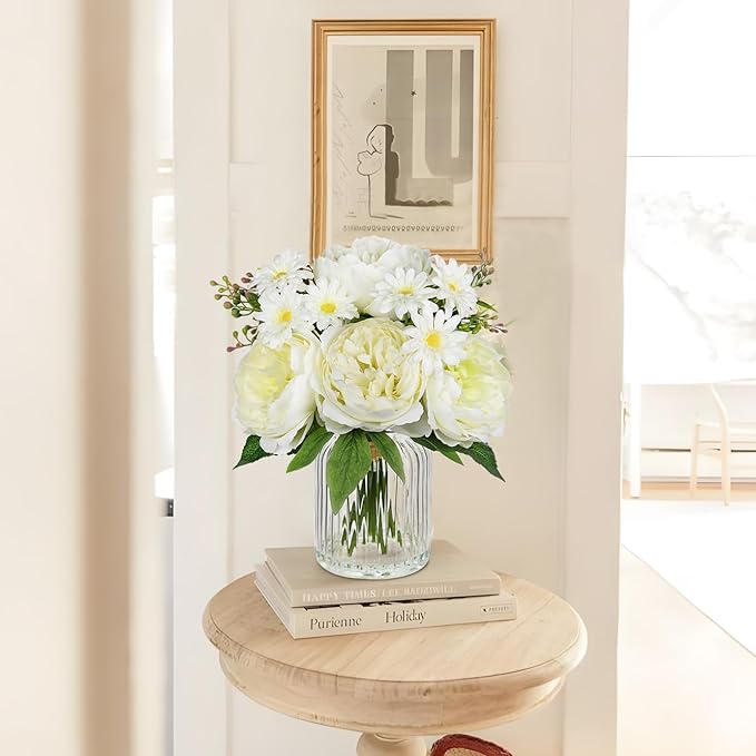 DILATATA Artificial Flowers in Vase White Silk Peony & Daisy Faux Floral Arrangements for Table Centerpieces, Home Office Kitchen Bathroom Decor, Spring Fake Flower Arrangement