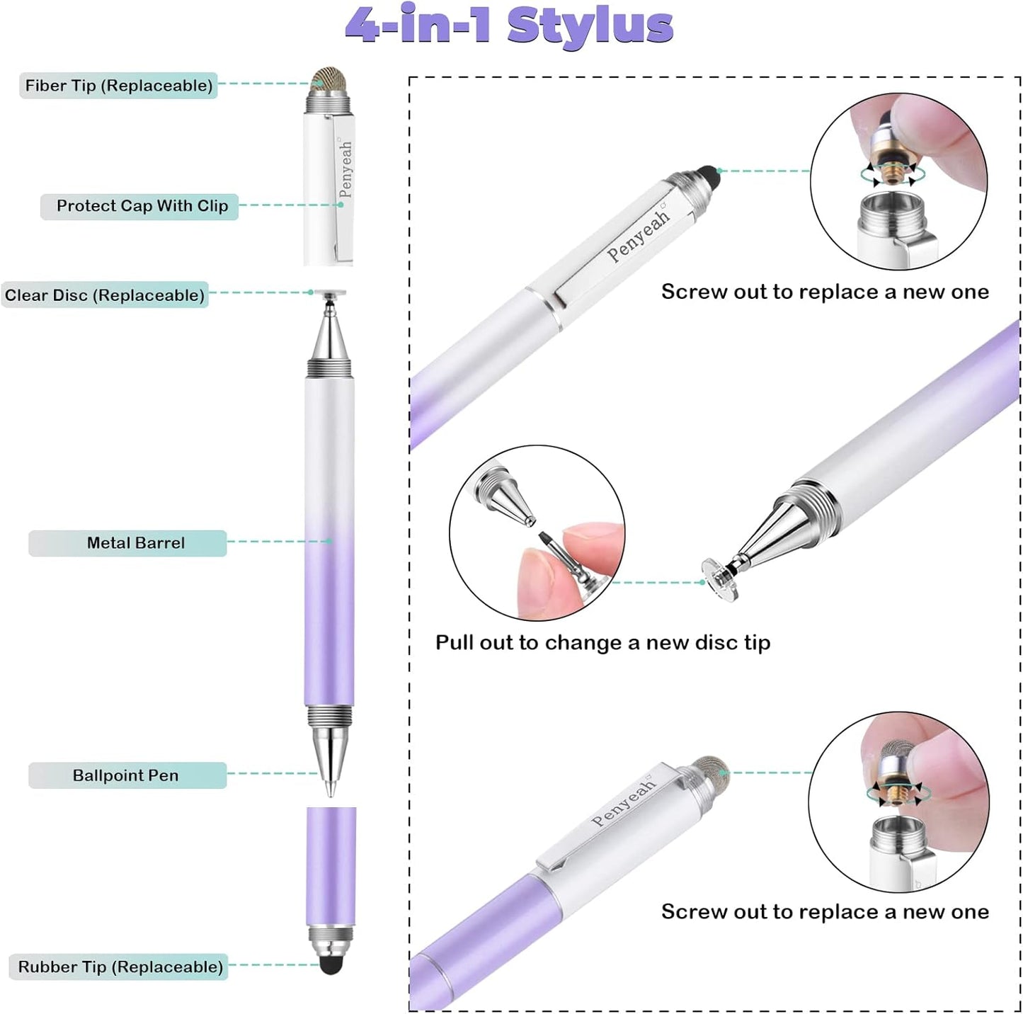 Penyeah Stylus Pen - 4 in 1 Universal Touch Screen Disc Tip/Mesh & Rubber Tip for iPad/iPhone/Android - Dream Purple
