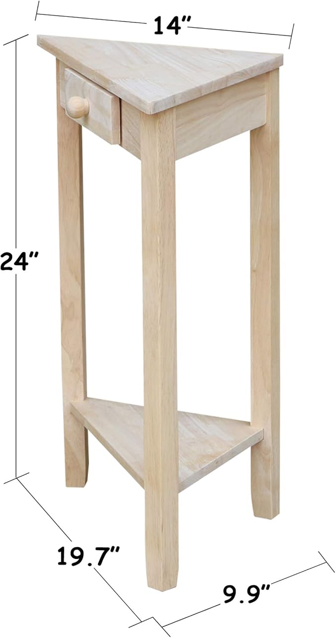 IC International Concepts Corner Accent Table Solid Real Wood, Sturdy Parawood, 19.7" W x 9.9" D x 24" H, DIY, Paint/Stain Ready, Unfinished
