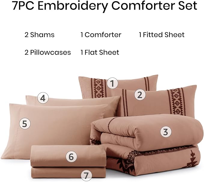 MaiRêve Embroidery King Size Comforter Set Dusty Pink, Boho Farmhouse Western Bedding Set 7 Pieces, All Season Bed in A Bag Comforter Set with Sheets, Pillowcases & Shams