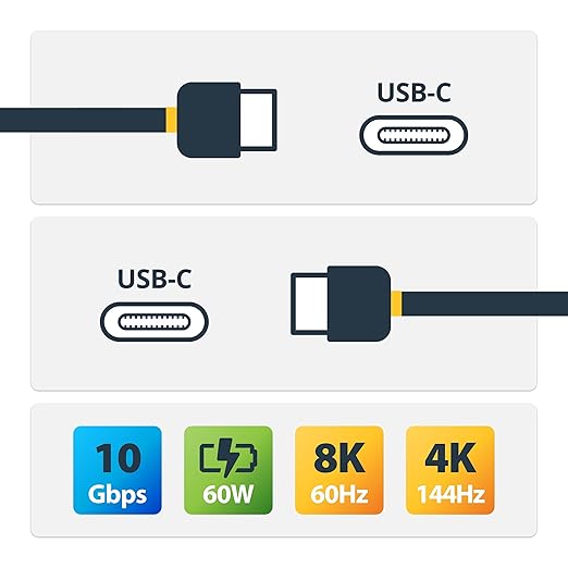 StarTech 3.3ft (1m) USB-C Cable, USB 10Gbps, 60W (3A) PD, 8K 60Hz / 4K 144Hz, USB-IF Certified, Thunderbolt Compatible