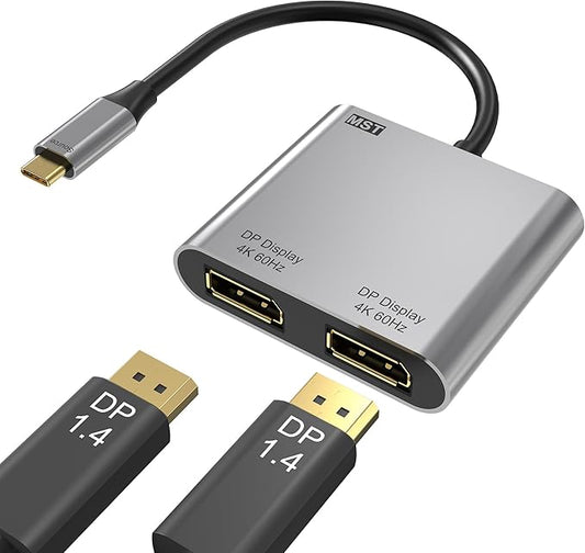 USB C to Dual DisplayPort Adapter, 4K@60Hz Display Port Splitter for Dual Monitors, Type C to DP Dual Monitor Converter Compatible for Dell XPS 13 15,Lenovo Yoga,Sumsung Chromebook,HP etc