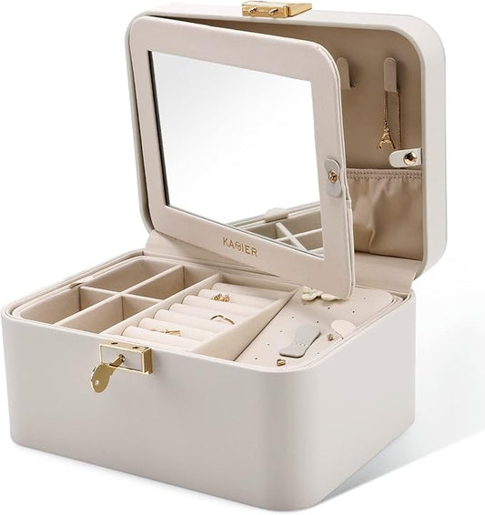 KAMIER Jewelry Box, 2 Layers PU Leather Jewelry Organizer Box, Large Capacity, Double Lock and Large Mirror, Hidden Necklace Hooks, Removable Dividers, Grey
