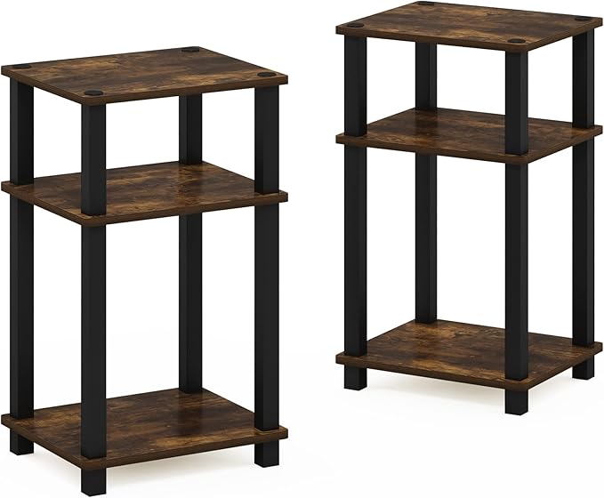 Furinno JUST Side Table Set of 2, 3-Tier Open Shelf End Table, Toolless Assembly Night Stand, Bedside Table with Square Tube, for Living Room, Bedroom, Amber Pine