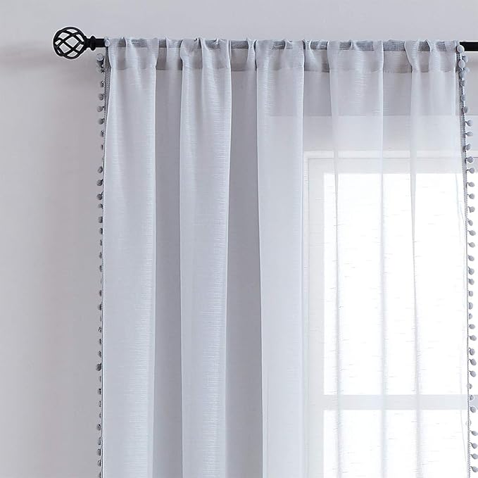 Treatmentex Pom-Pom Grey Sheer Curtains for Bedroom 63" Window Drapes Rod Pocket Textured Sheer Curtain for Kids Room 52" w 2 Panels