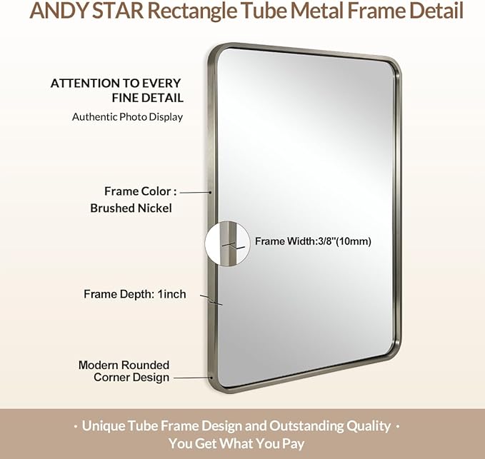 ANDY STAR 30x48 Inch Brushed Nickel Bathroom Mirror, Rounded Corner Brushed Silver Mirror, SUS304-Anti-Rust Metal Tube Frame Wall Mounted Horizontal/Vertical 1’’ Deep