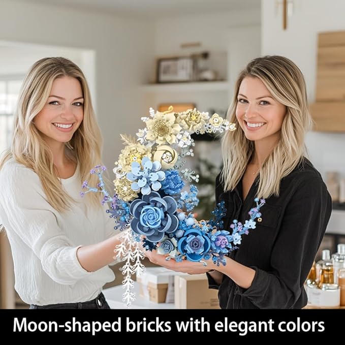 Blue Moon Flower Building Blocks for Adults - Creative Crescent Moon Rose Model Kit, Home Office Desk Decor, Artificial Plant, Unique Birthday Gift Idea (Frame Not Included)