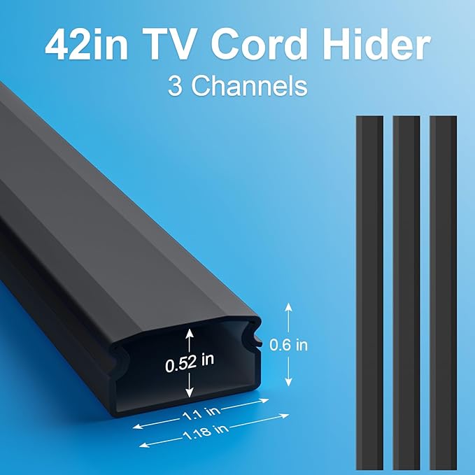 Yecaye TV Cord Hider, 42In Large Cable Hider Black, Wire Covers for 4 Cords, Wire Hiders for TV on Wall, Cable Raceway Concealer, W1.18in H0.6in, Black