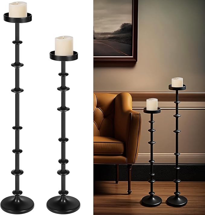 Maxdot Black Metal Pillar Candle Holder 36" 29" Tall Decorative Taper Candle Stand Set of 2 Floor Candlestick Holder Large Metal Black for Christmas Halloween Living Room