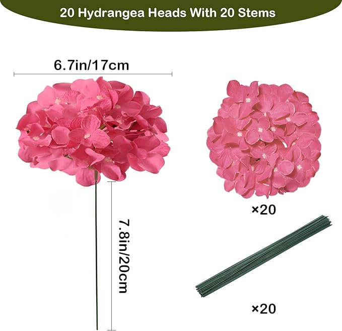 Hydrangea Artificial Flowers, 20 Pcs Hot Pink Hydrangea Artificial Flowers Bulk, Faux Hydrangea Flowers For Outdoor, Fake Silk Fuchsia Hydrangea Flowers With Stems For Wedding Decoration Decor