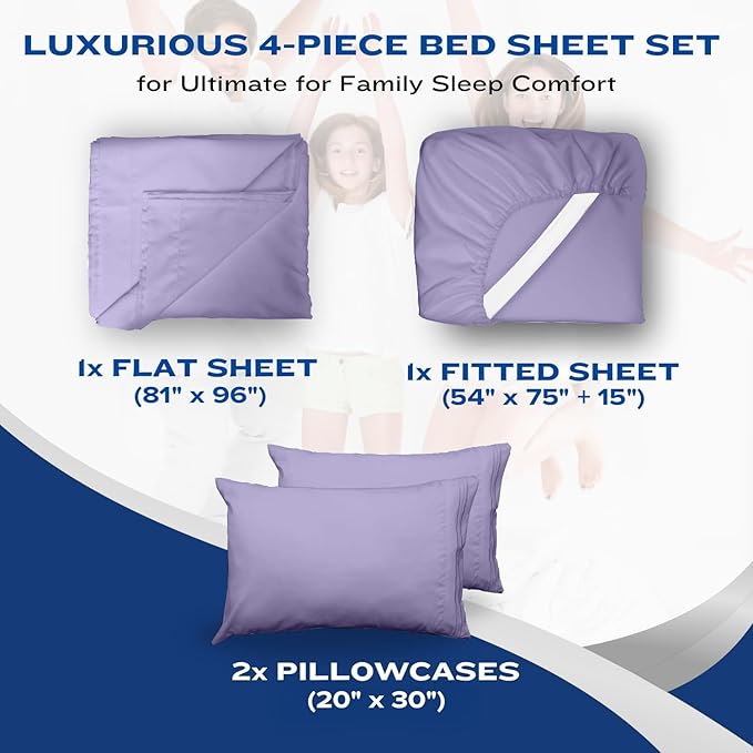 DREAMCARE Full Size Sheets Set - 4 Pcs Cooling Bed Sheets with Up to 15" Deep Pockets - Soft, Long-Lasting 100% Brushed Polyester with Side Pocket (Lavender)