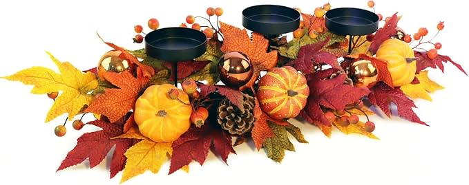 Fall Candle Holder Centerpiece for Table – Thanksgiving Table Decor with Pumpkins, Maple Leaves,Autumn Harvest Decoration with 3 Candle Holders for Dining Table, Fireplace & Home Decor