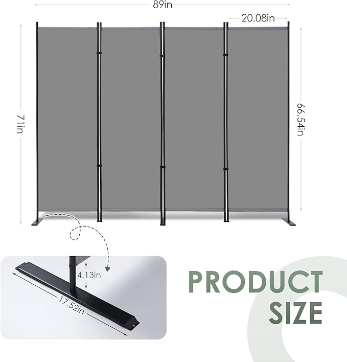 RANTILA 4 Panel Room Divider, 6 FT Folding Privacy Screen with Wide Feet, Freestanding Partition for Room Separation, Portable Room Divider Panel, 89" W x 71" H, Grey